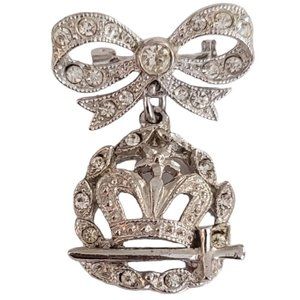 ORA Silver Tone Clear Rhinestone Bow Bar Crown Sword Dangle Pin, Signed K952